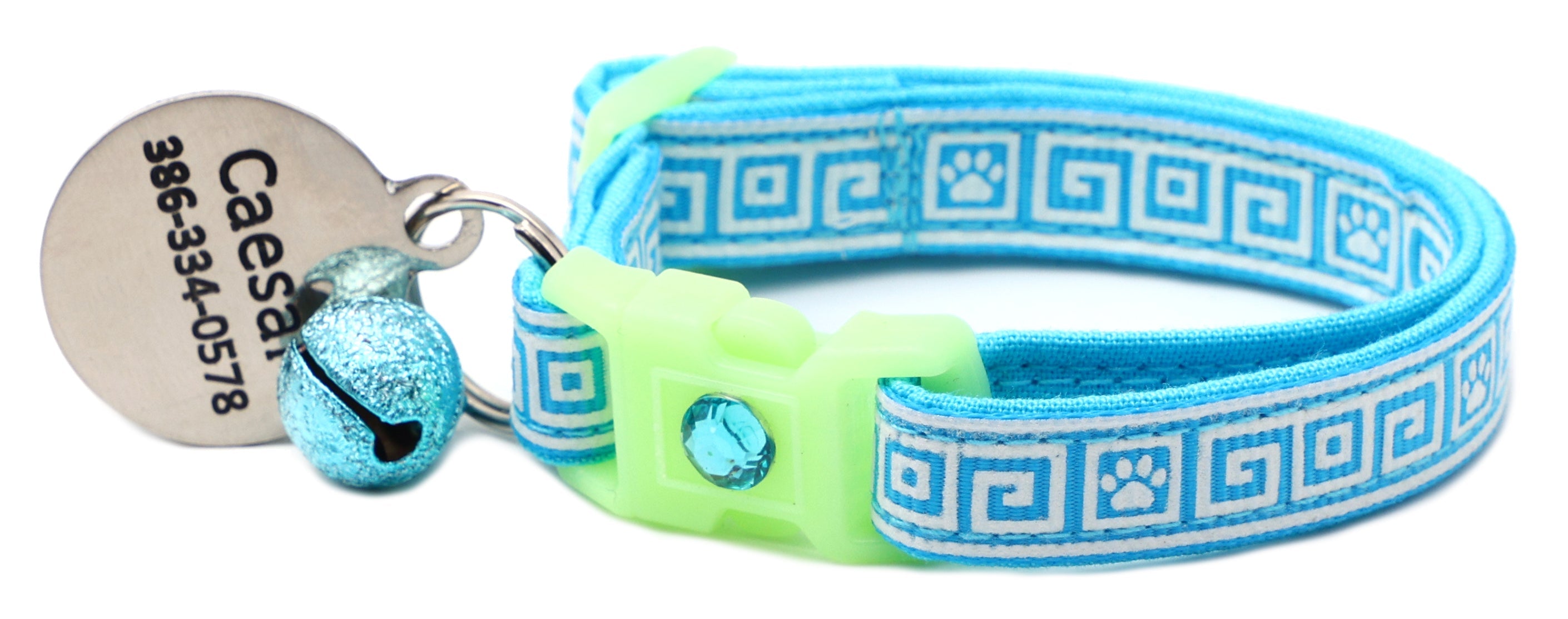 Light blue cat collar with Greek key pattern, neon breakaway buckle, Caesar charm, blue bell