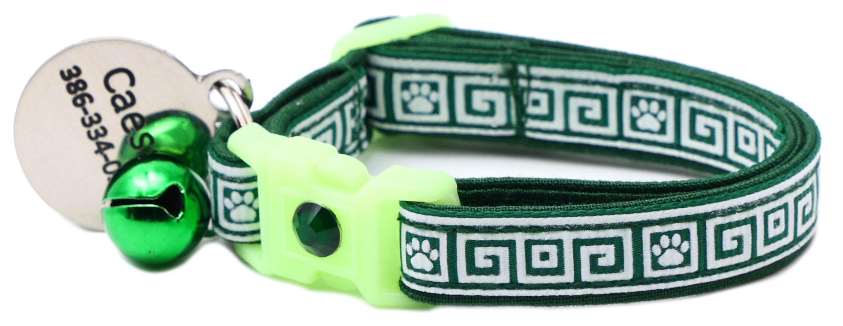 Cat collar with dark green Greek key fabric, neon green buckle, round name tag, green bell