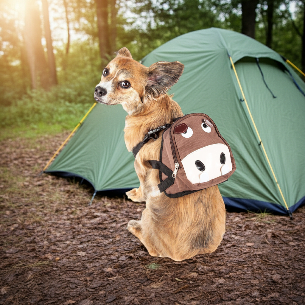 Dog harness backpack with large animated face pocket, worn on a small brown dog