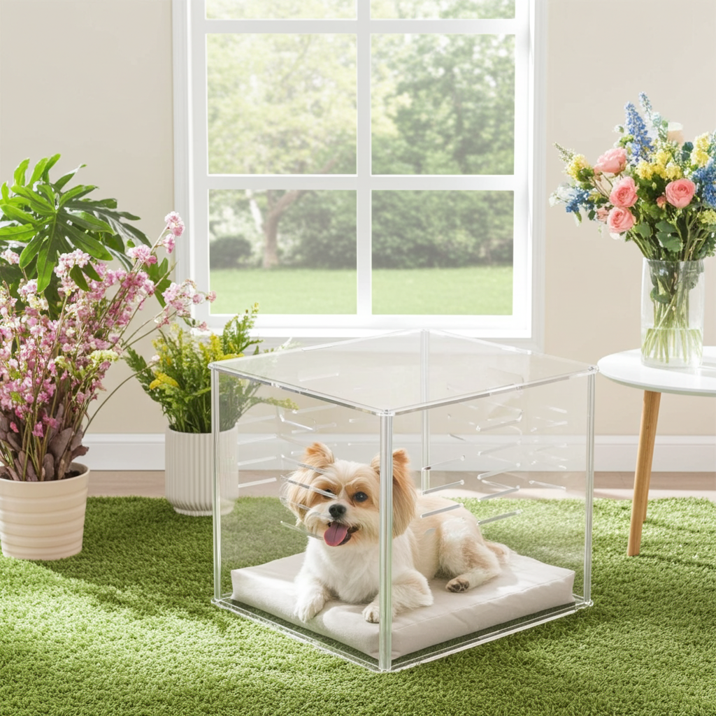 Clear acrylic pet crate end table with ventilated sides and open front, small dog size