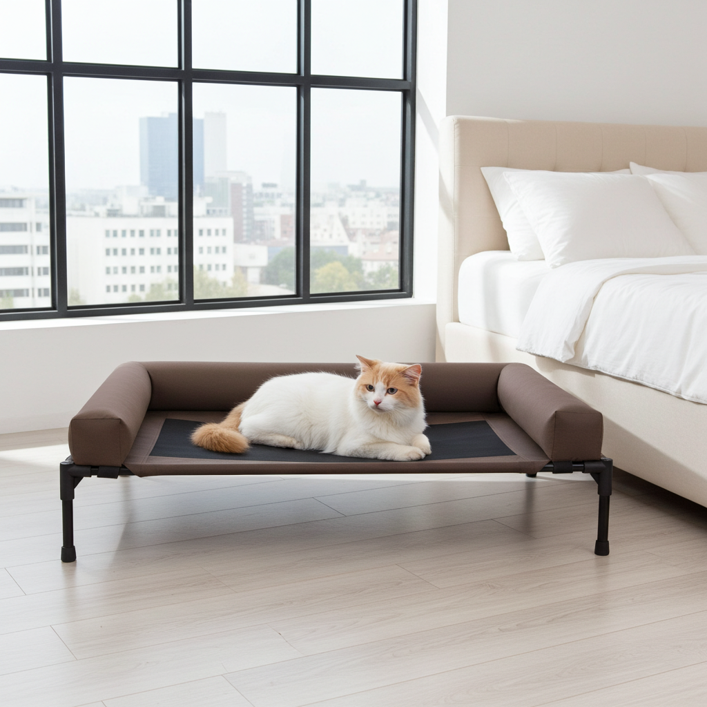 Elevated bolster pet cot bed with brown bolsters, dark fabric base, and black legs