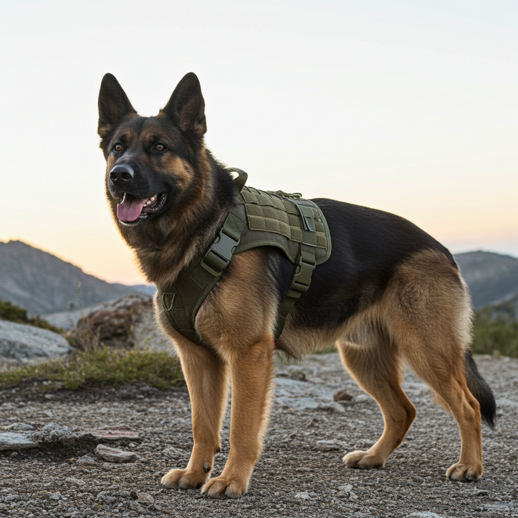 Tactical dog harness in military green, with padded chest straps and buckles