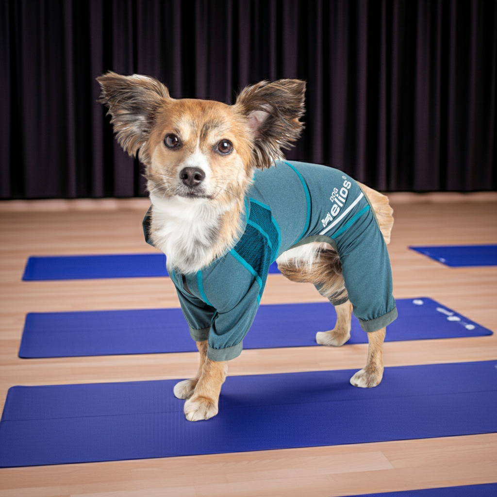 Teal hooded dog tracksuit with reflective side stripe and leash opening