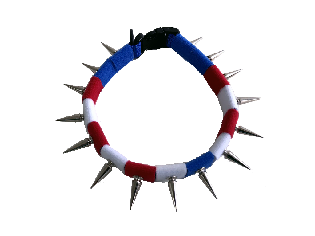Spiked fabric coyote collar with blue and red bands and silver studs