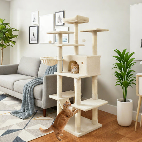 Beige cat tree tower with stacked condos, ramp platforms, and plush hammock bed