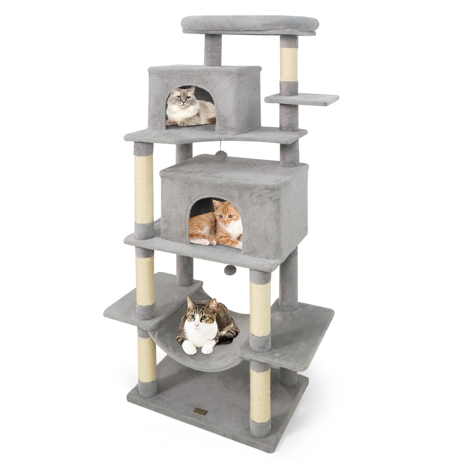Gray cat tree with top perch, two cubby condos, lower hammock-style bed, and three cats