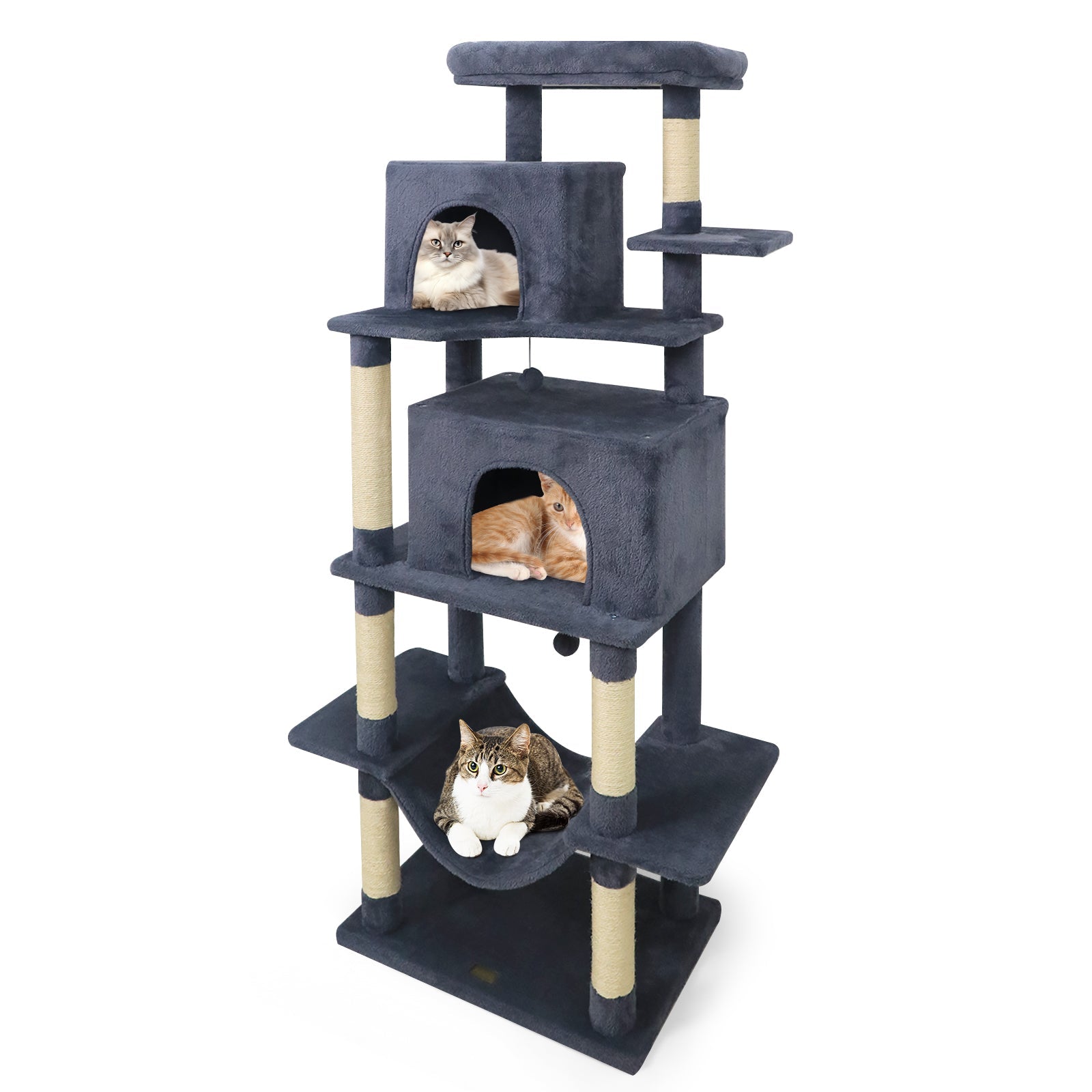 Navy blue cat tree with top perch, two cubby condos, and three cats