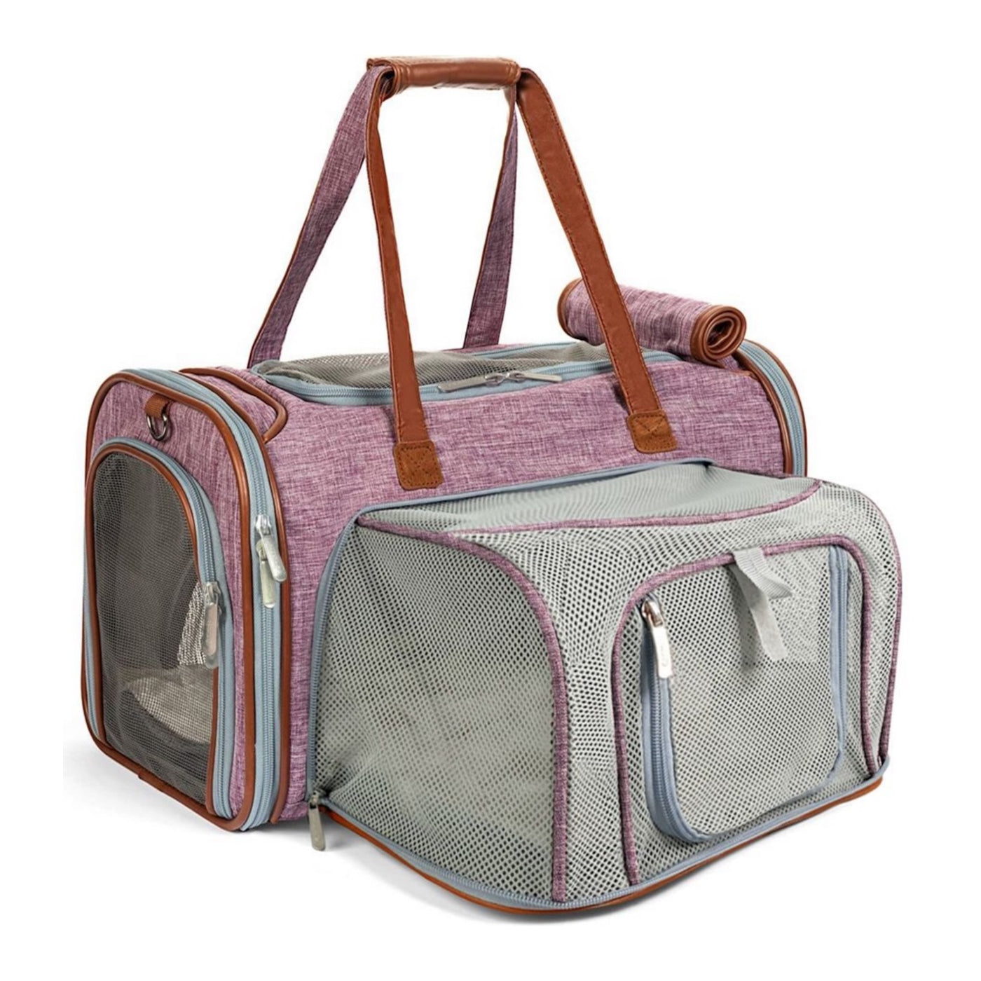 Purple fabric expandable pet carrier with mesh sides and front, dual top handles.