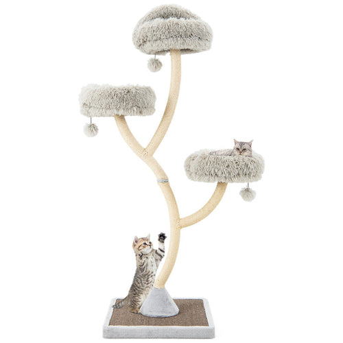 70-inch tall cat tree tower with gray plush perches, sisal-wrapped posts, and hanging balls