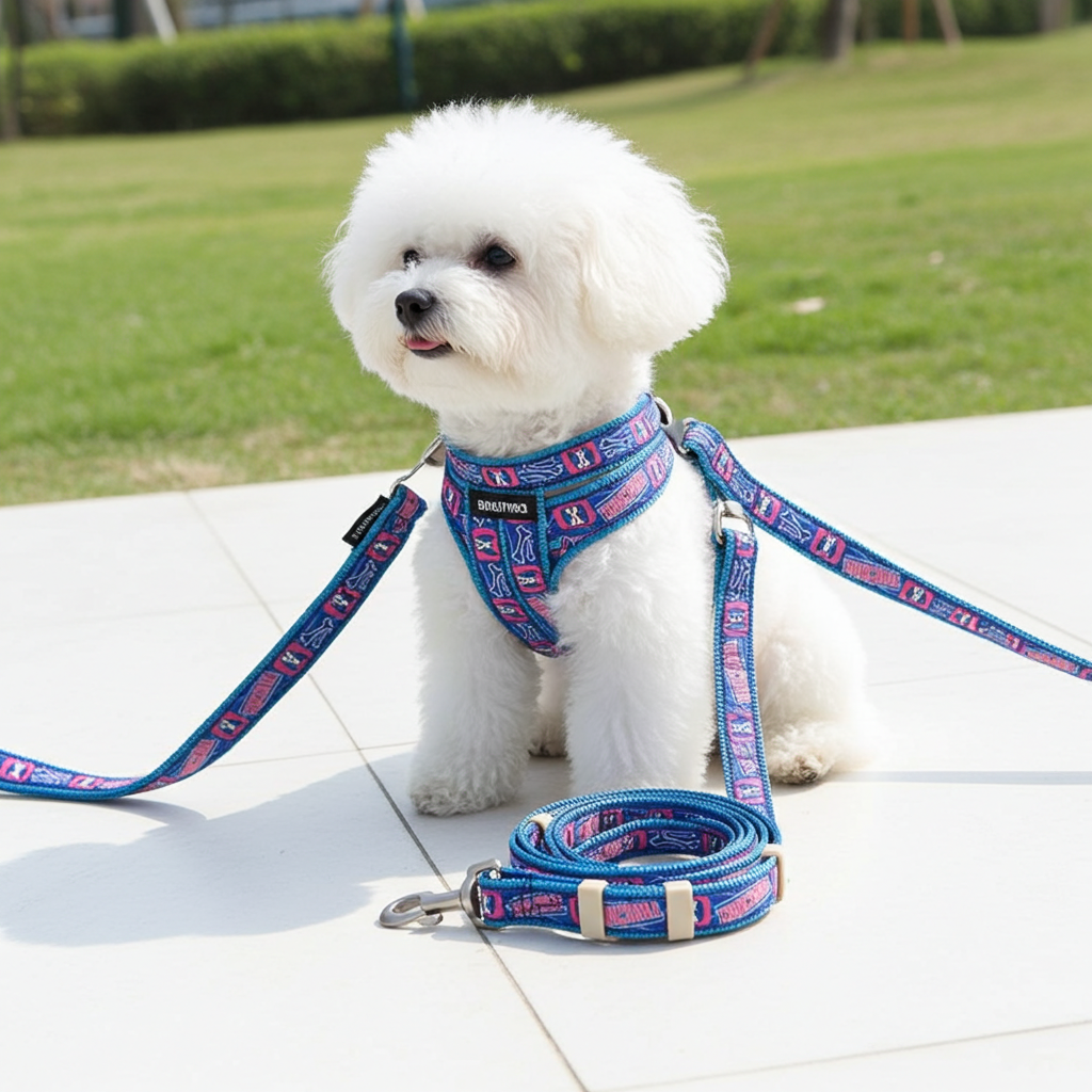 Blue patterned dog harness on small white dog with matching leash