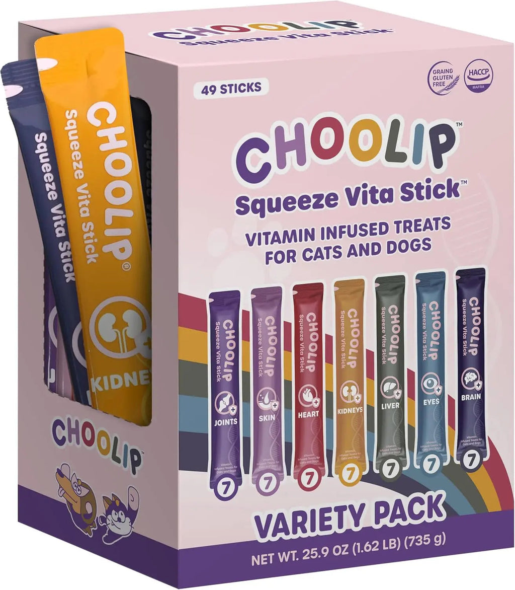 Cat and dog vita stick variety pack box with assorted squeeze treat sticks