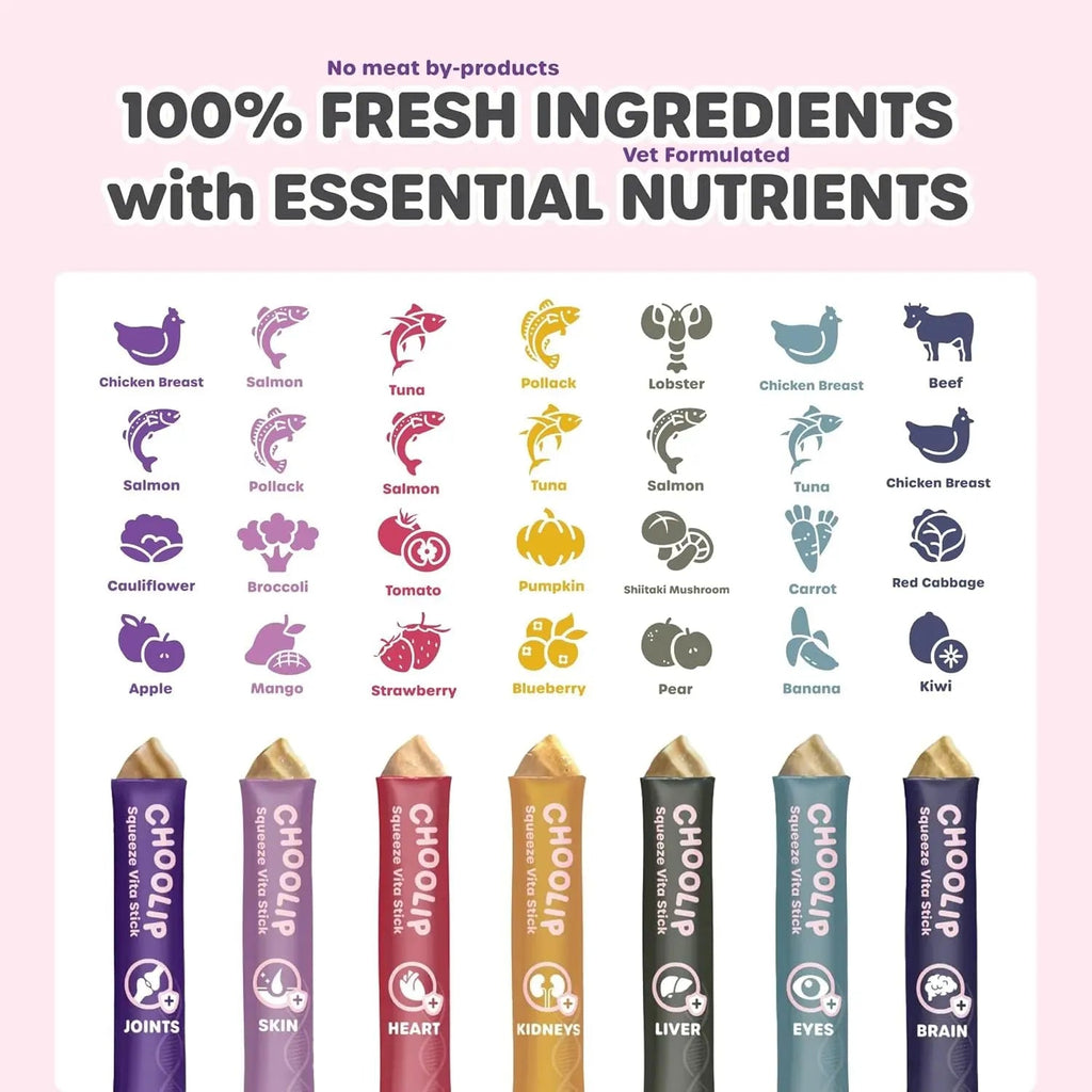 Cat and dog vita stick variety pack with fresh ingredients icons and stick flavors