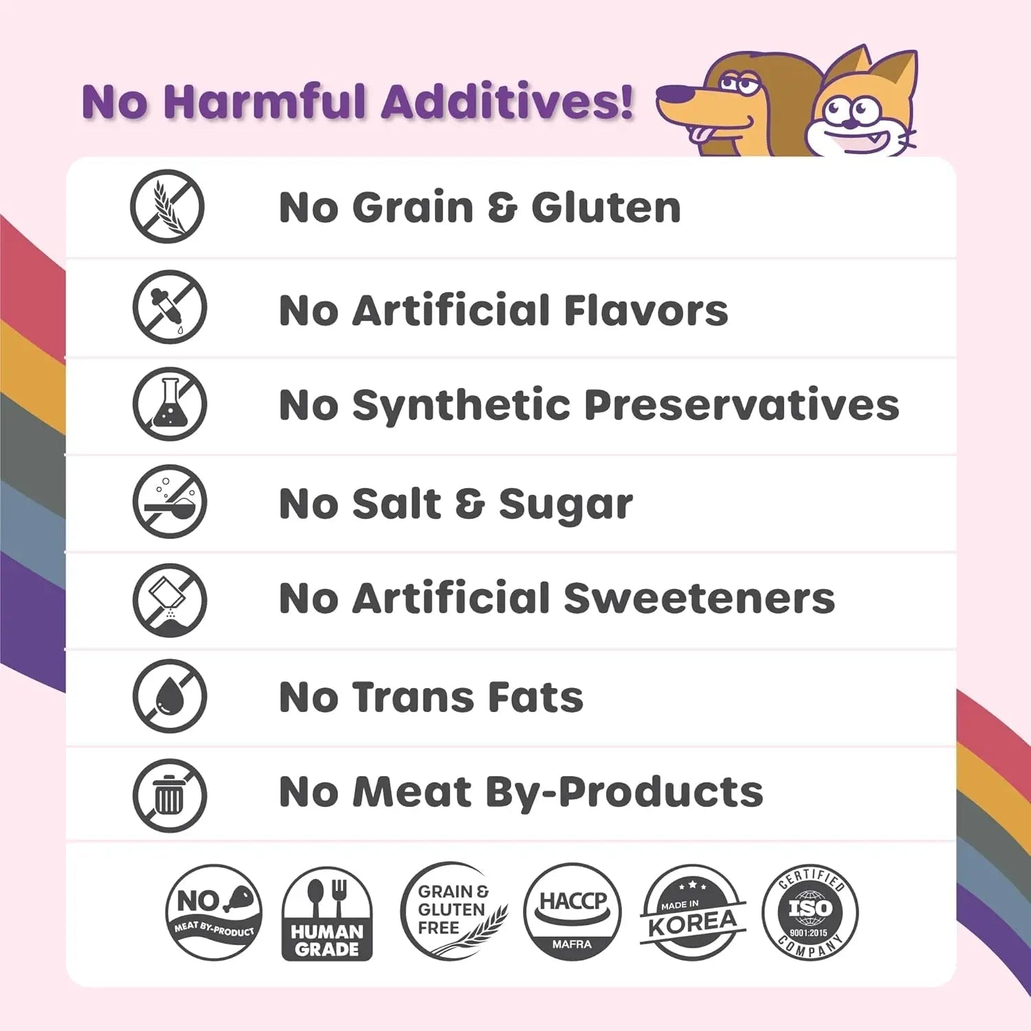 Cat and dog vita stick checklist label: no grain, no artificial flavors, no preservatives