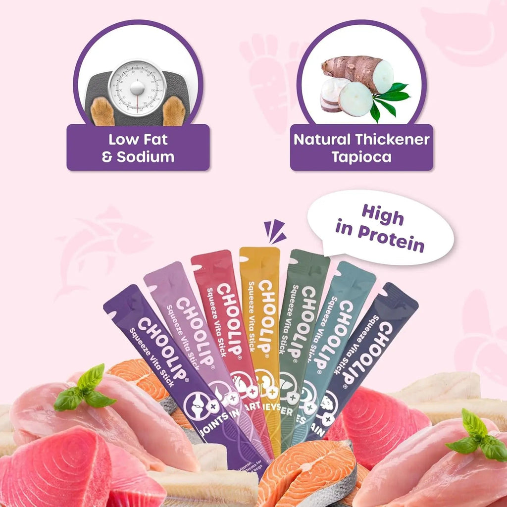 Cat and dog vita stick variety pack with assorted colored squeeze sticks and food illustrations