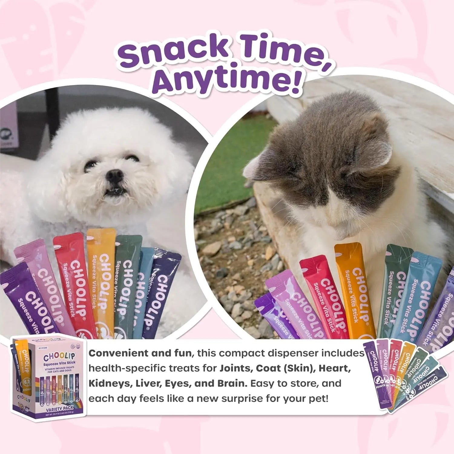 Snack time variety pack featuring cat and dog with assorted squeeze vita stick sticks