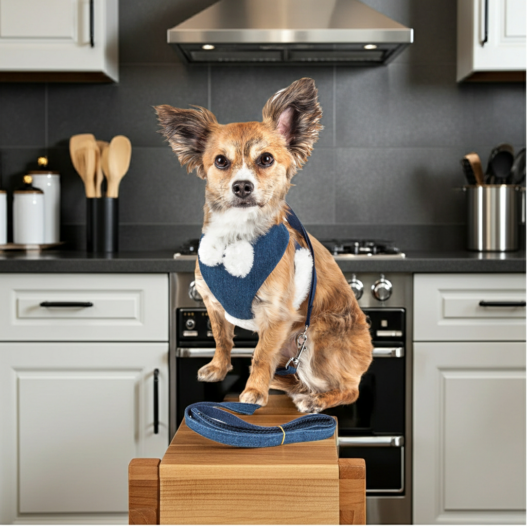 Adjustable denim dog harness with attached leash, on a small dog