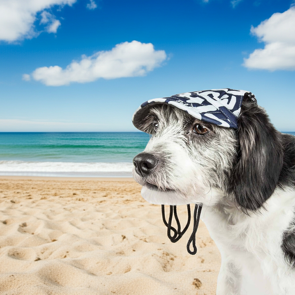 Adjustable dog hat with sculptured graffiti print, black and white, chin drawstrings