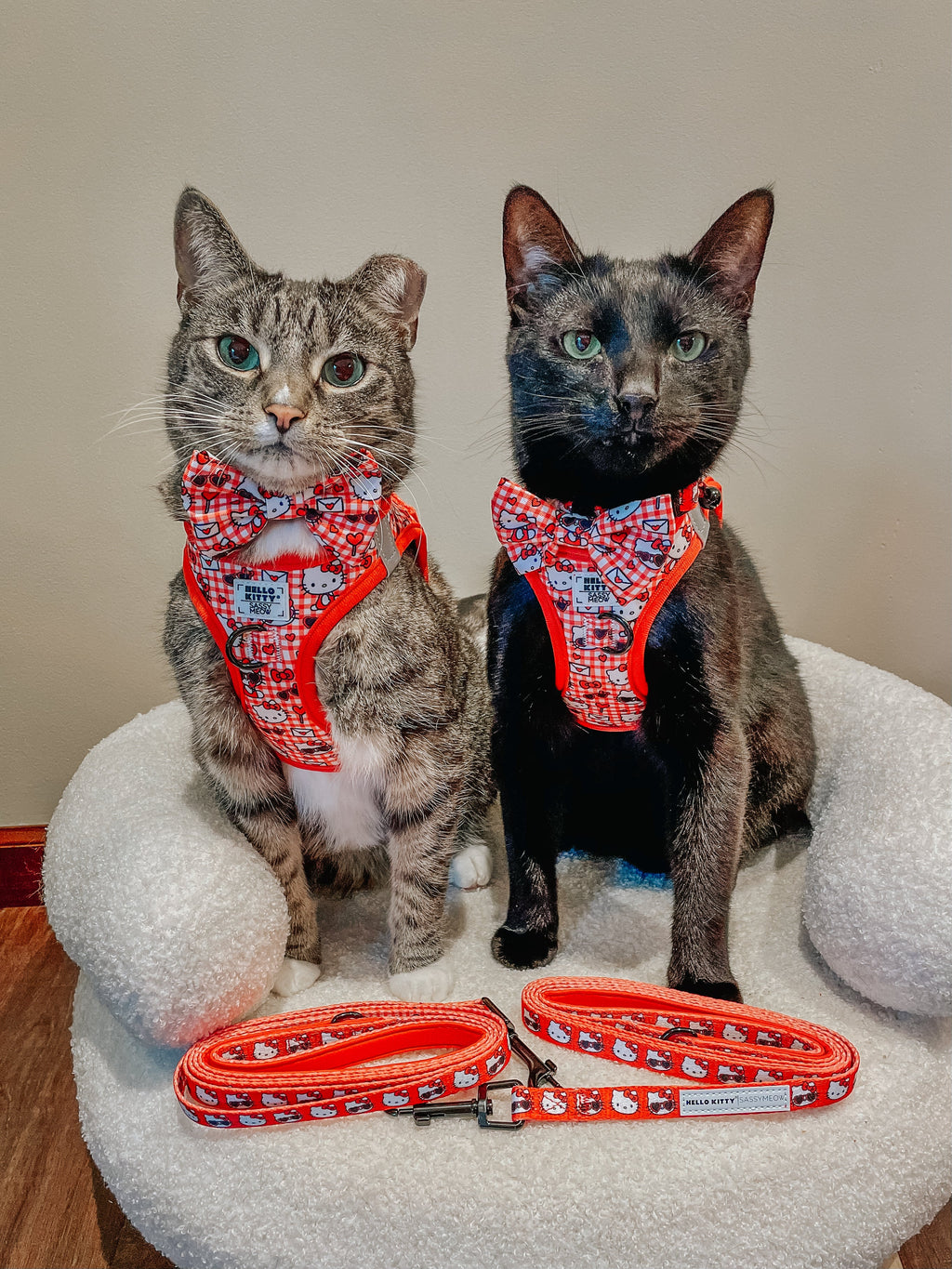 Red cat step-in harness with Hello Kitty print and bow, shown with two folded straps