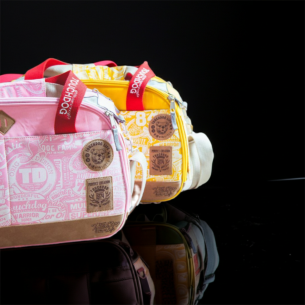 Touchdog designer pet carrier with colorful travel print, zippered side panels