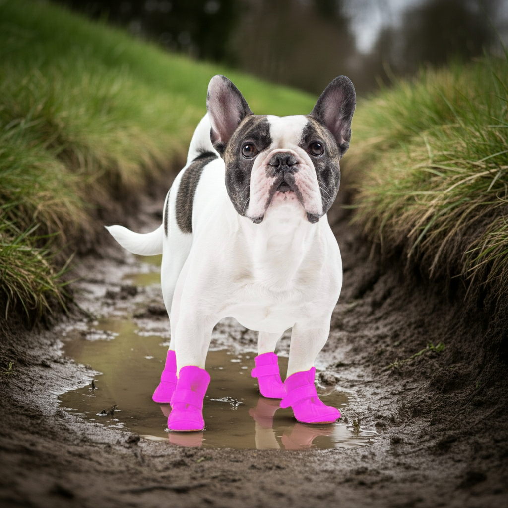 Elastic rubberized dog shoes, pink, worn by a dog (set of 4)