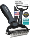 Dual-sided pet grooming rake with black handle and steel dematting teeth