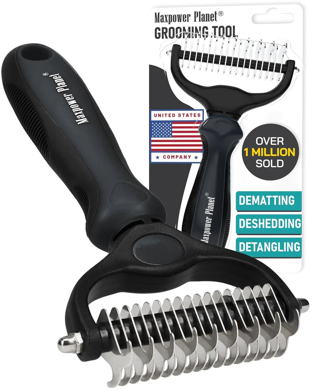 Black dual-sided pet grooming rake with curved metal detangling and dematting teeth