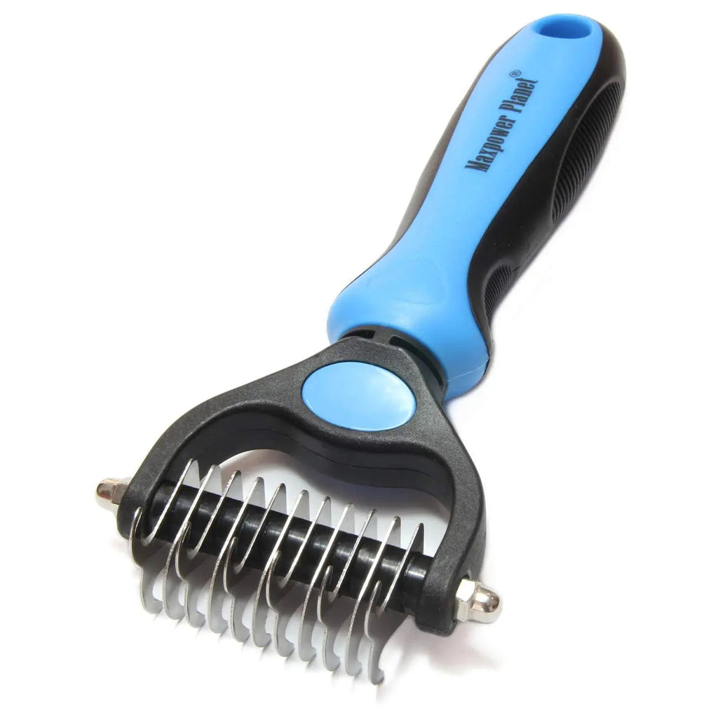 Blue and black dual-sided pet grooming rake with metal detangling teeth