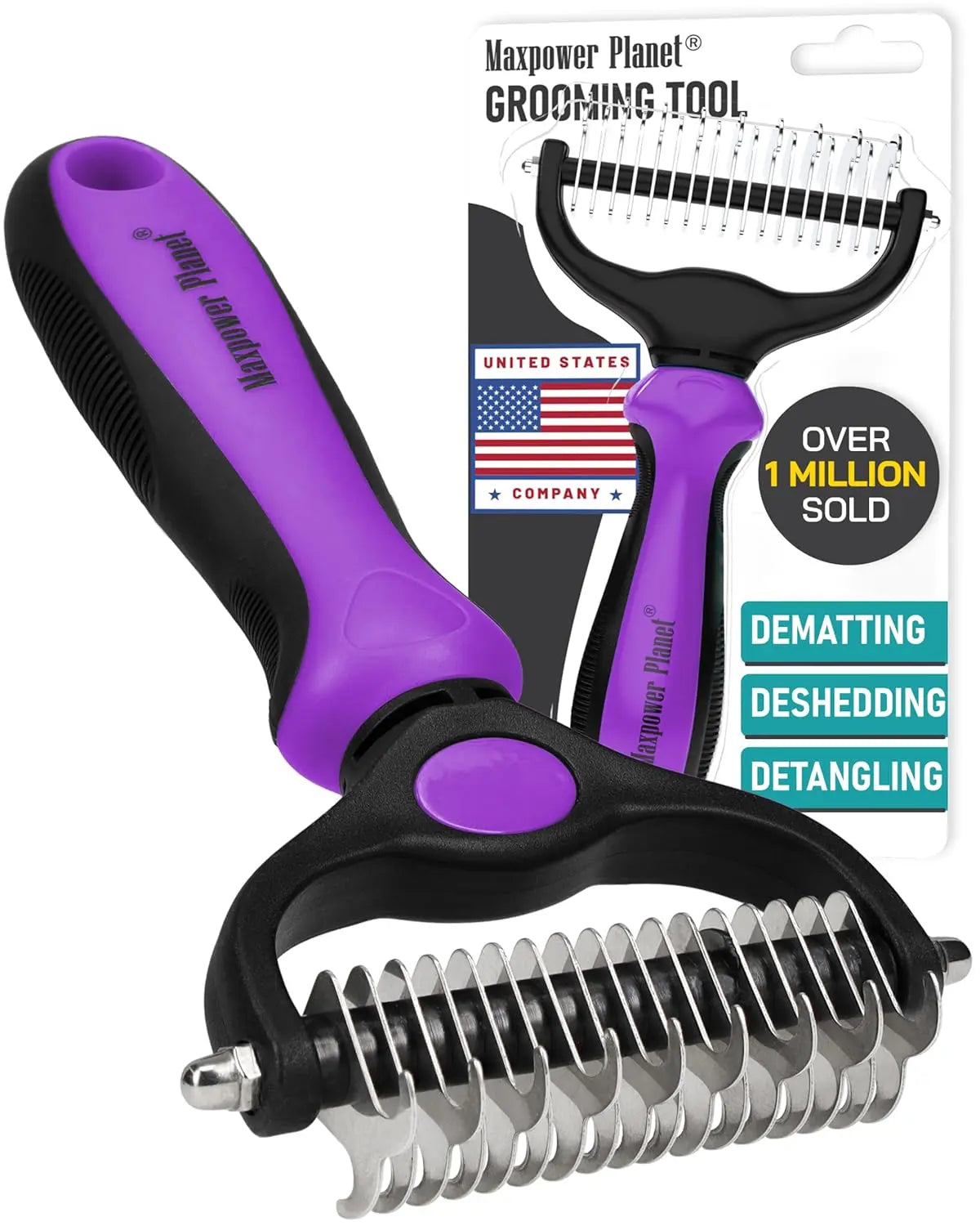 Purple and black dual-sided pet grooming rake with curved metal detangling teeth