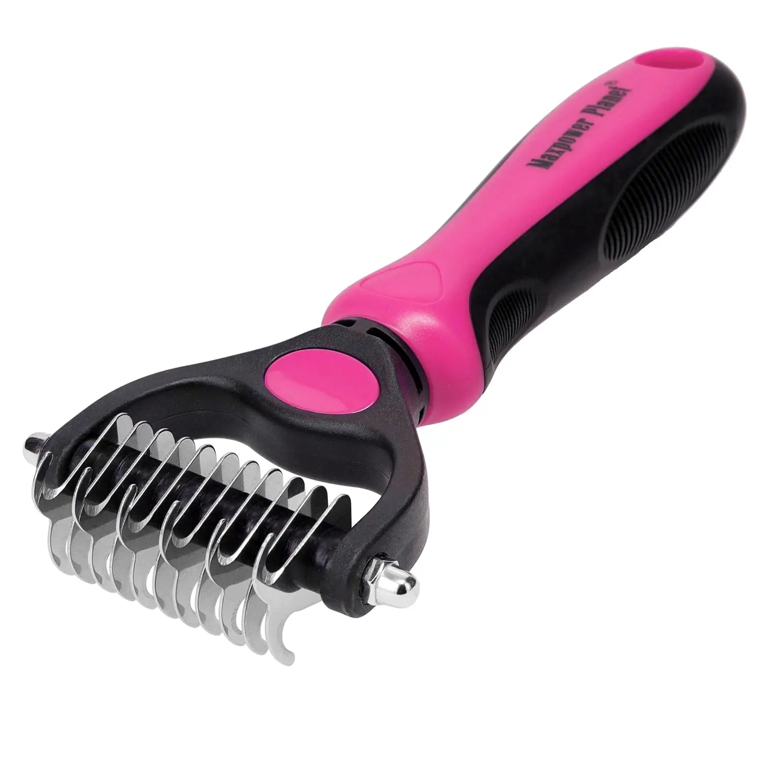 Pink and black dual-sided pet grooming rake with metal dematting comb teeth