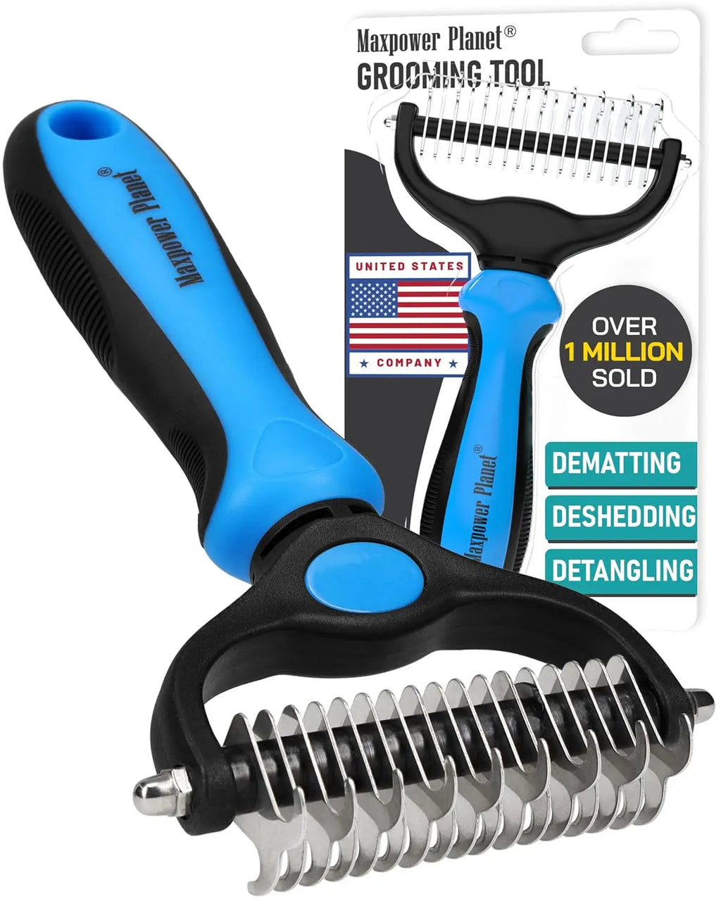 Blue and black dual-sided pet grooming rake with curved metal detangling teeth