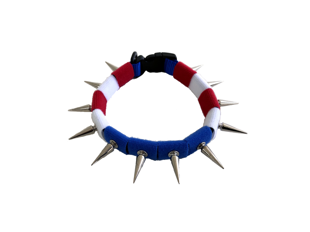 Spiked dog collar with red, white, and blue fabric bands and silver cone studs