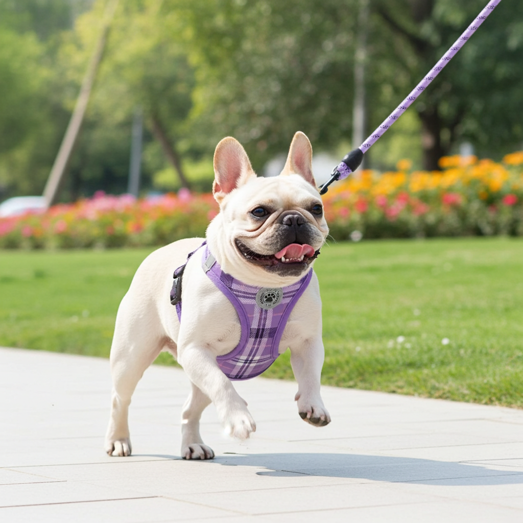 Purple plaid step-in dog harness with paw badge and leash set, breathable mesh