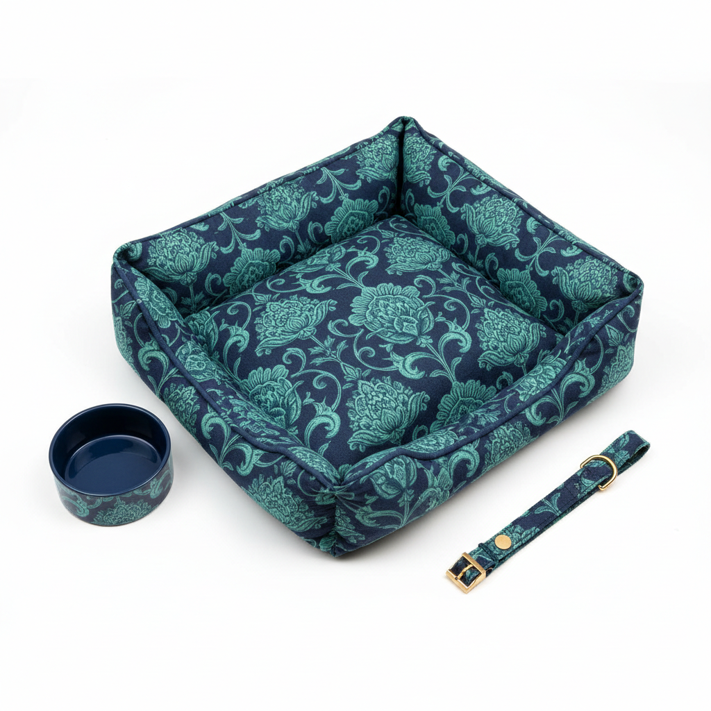 Midnight Blue Garden in Bloom Pet Set — Bed, Bowl & Collar