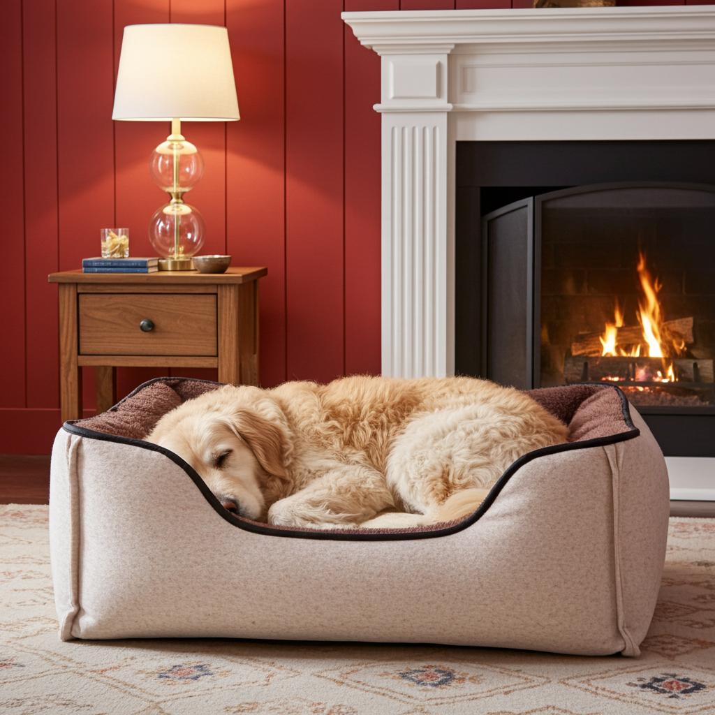 Beige fabric dog bed with plush cushion and curved bolsters, dark trim.
