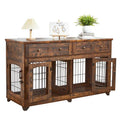 Rustic brown dog crate console with drawers on top and multiple barred door openings