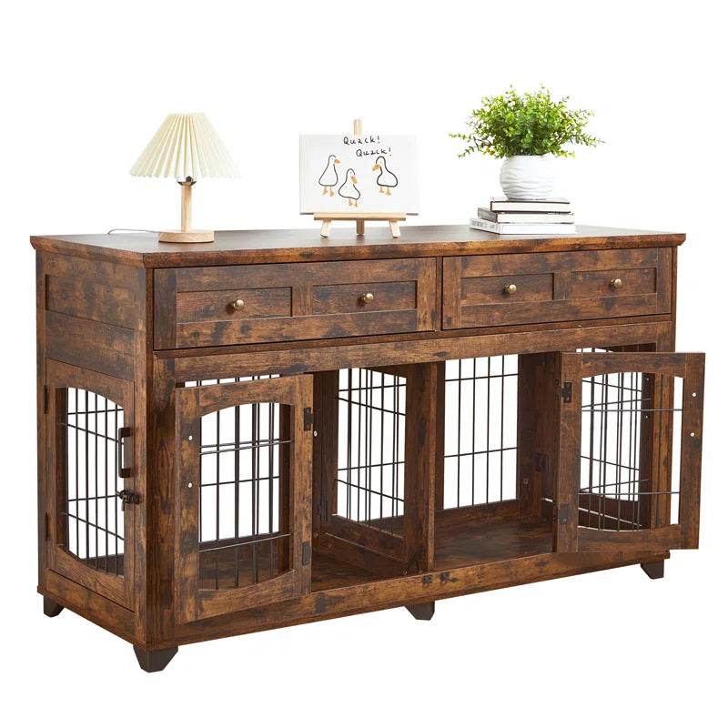 Rustic brown dog crate console with drawers on top and multiple barred door openings