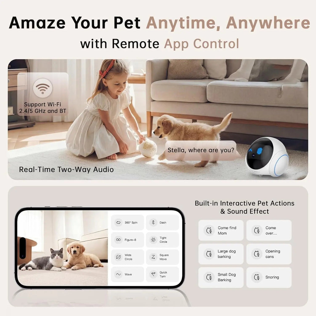 Movable Pet Camera Robot 1080P Two Way Audio Night Vision Auto Recharge