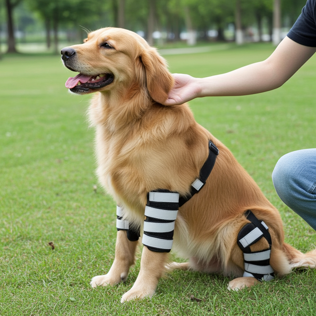 Rear leg hock braces on a golden dog, black straps with gray padding and reflective bands