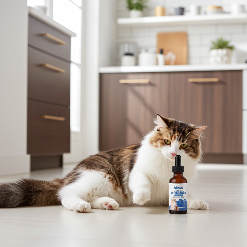Cat probiotic drops bottle with dropper, next to a lounging cat.