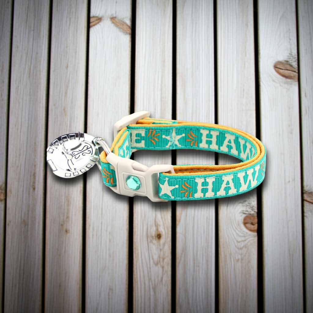 Turquoise breakaway collar with printed HAW lettering, star pattern, and silver charm