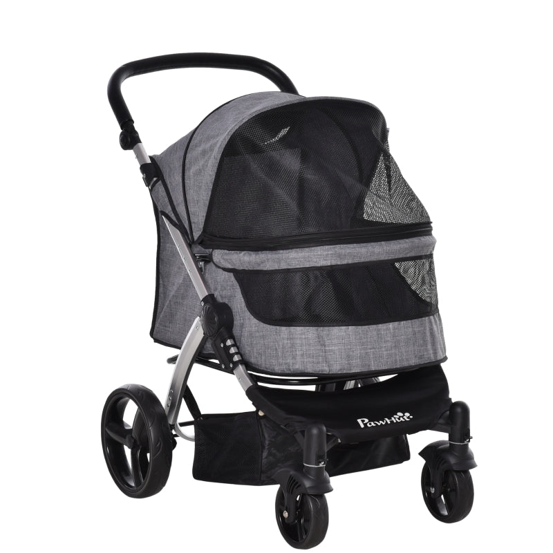 Pet stroller in gray with black mesh canopy and padded seat, front 3/4 view