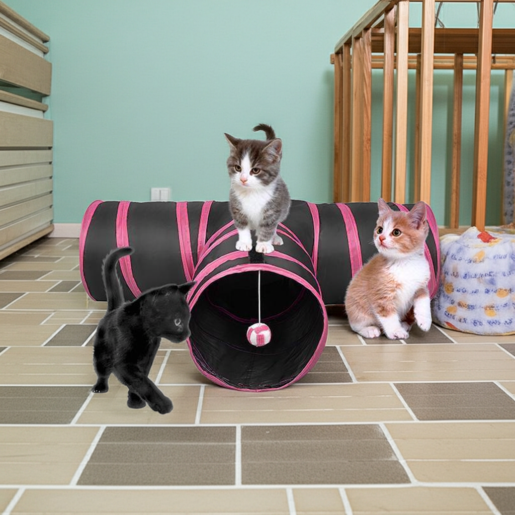 Collapsible 3-way cat tunnel in pink and black with arched entrances, with two kittens