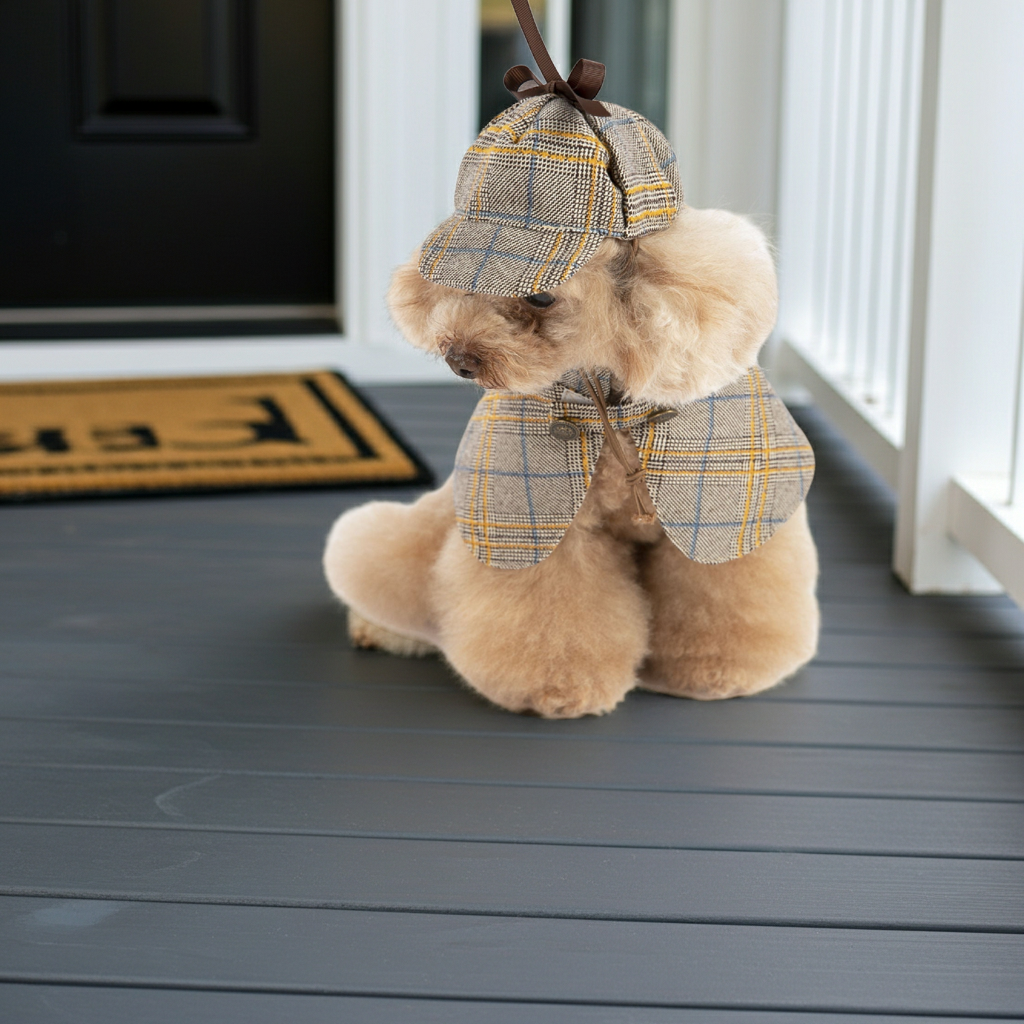 Plaid dog cloak with hooded hat, cape draped over shoulders, camel and blue check