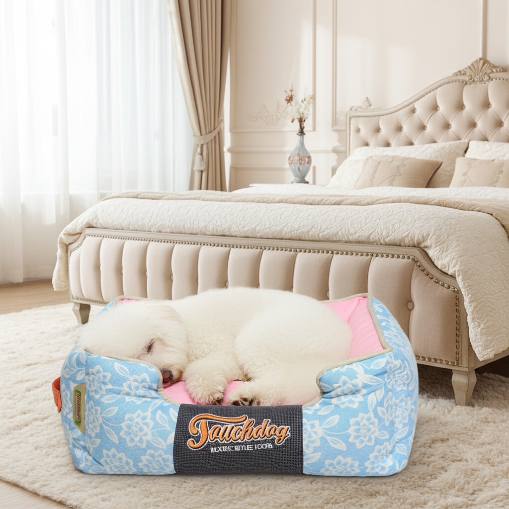 Touchdog Rose-Pedal Patterned Premium Rectangular Designer Dog Bed — Washable Cushion, M & L, 2 Colors