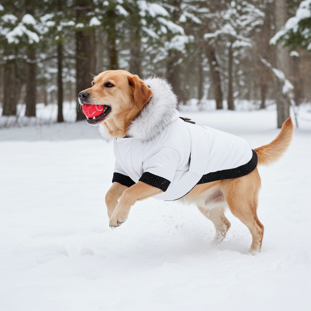 Insulated dog parka coat in winter-white with faux-fur trim and black knit cuffs