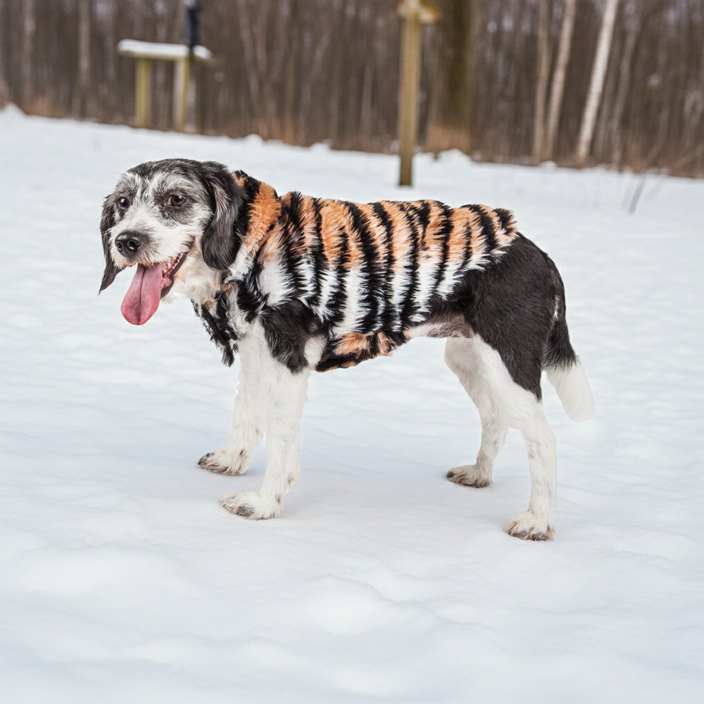 Tiger-striped faux-fur dog jacket with plush collar on a small black-and-white dog