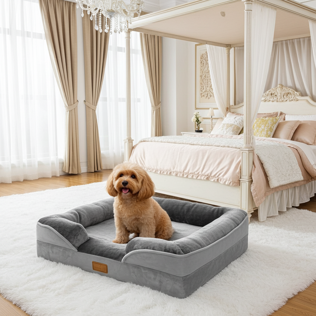 Grey orthopedic dog sofa bed with bolsters and removable cover