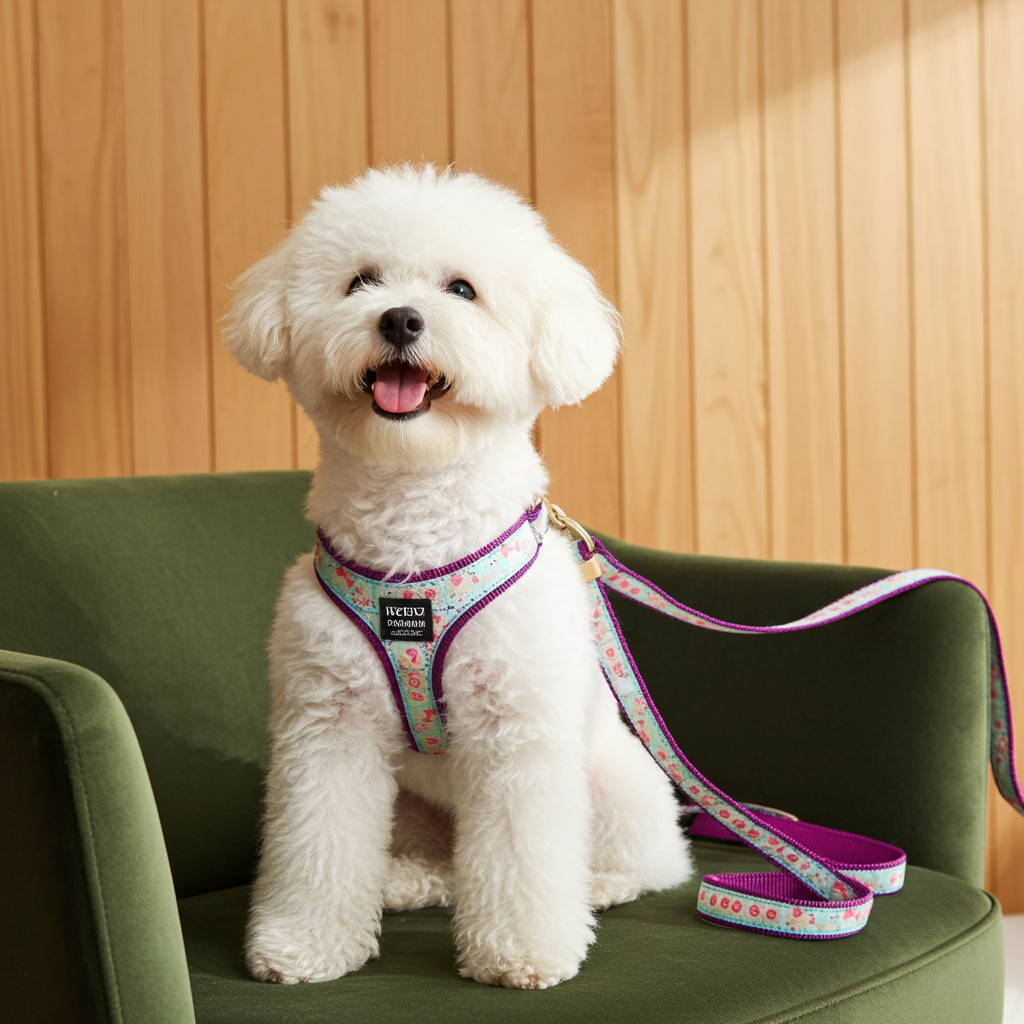 Dog harness and leash on small white dog, patterned blue fabric with purple trim