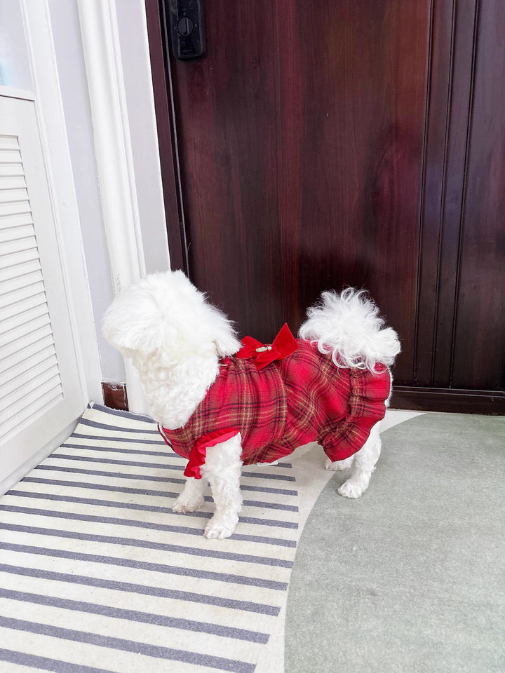 Red Plaid Dog Dress with Hat