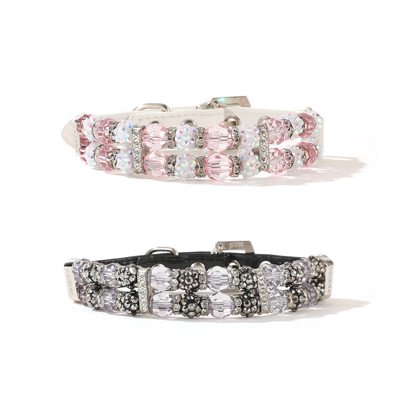 Pink and black crystal beaded pet collars, jeweled pattern with metal D-ring buckle